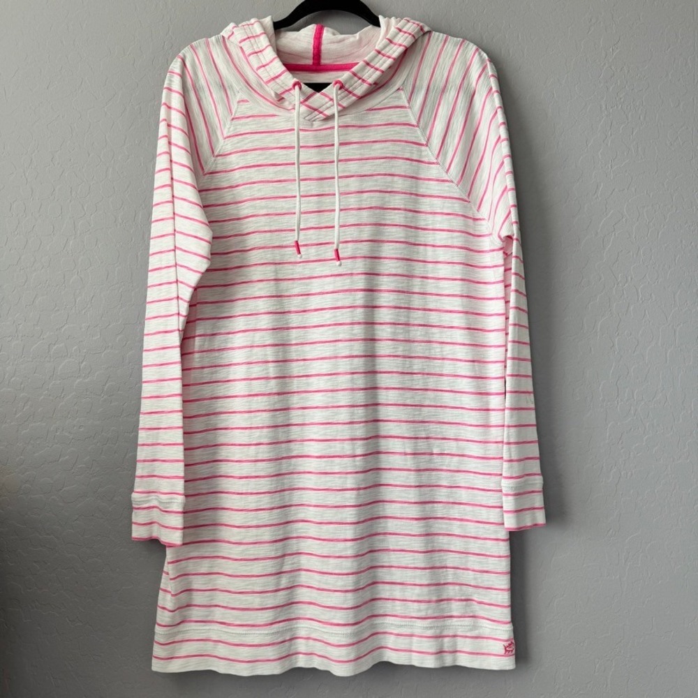 Southern Tide Large Hooded Dress Pink White Striped Long Sleeve Cotton Slub Mini